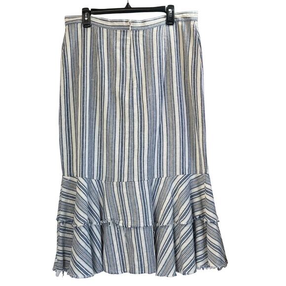 Reba Womens 8 Blue/White Tiered Linen Blend Lining FrontSlit Skirt Cottage Core - Picture 2 of 7